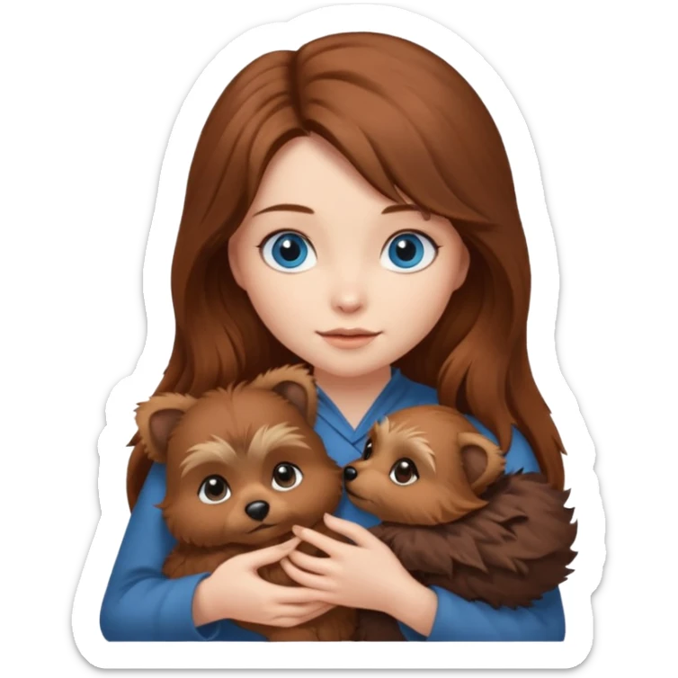 long hair chestnut color blue eyes woman holding small ewok dog sticker