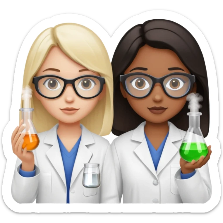 two white blonde girls, one brown girl with long brown hair, and one light black girl with short black hair in lab coats and safety goggles holding beakers and test tubes sticker