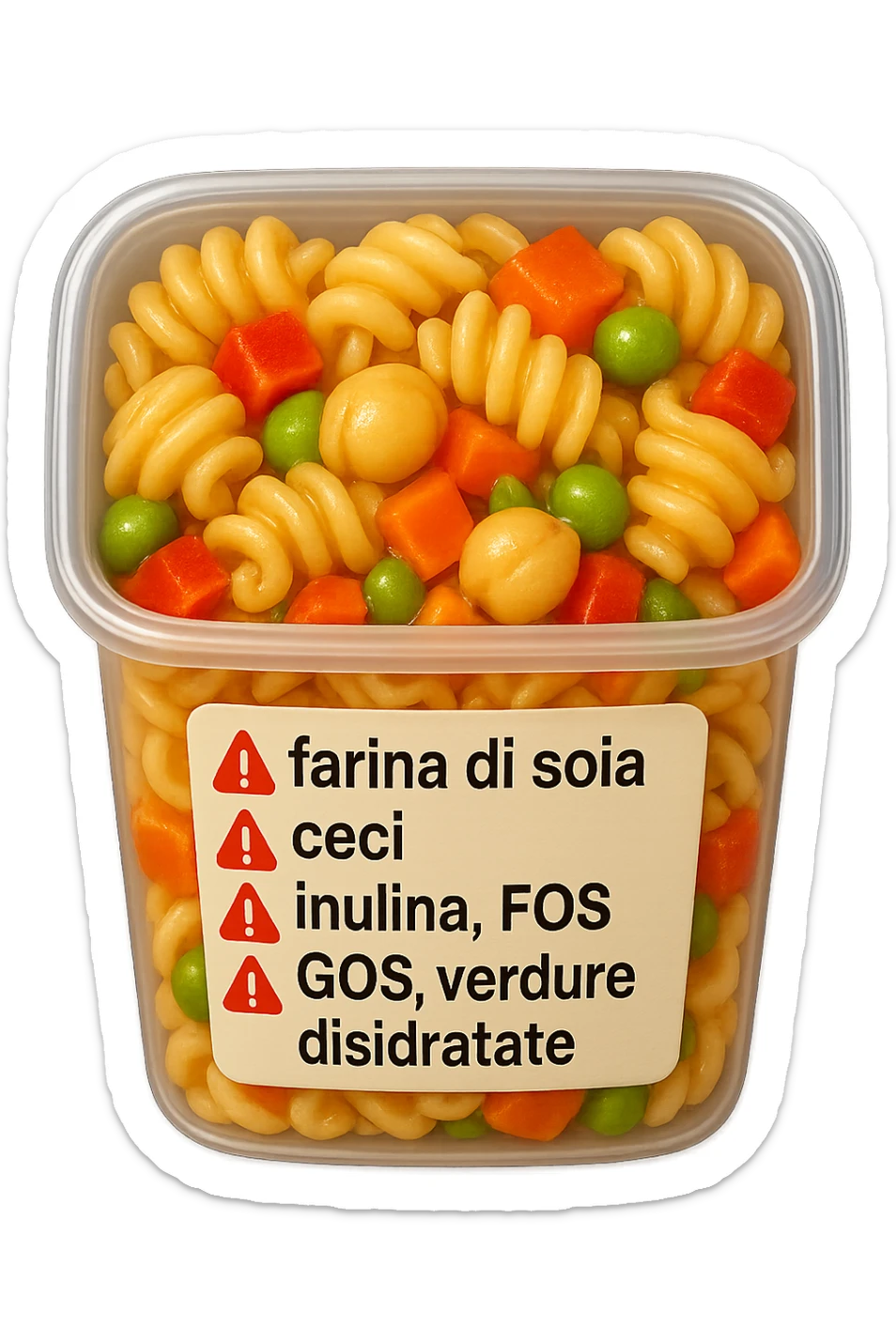 SU QUESTO STILE FAI UN EMOJI STILE IPHONE 3D DI UN insalata di pasta precotta preconfezionata con ETICHETTA CON GLI INGREDIENTI SCRITTI, "farina di soia, ceci, inulina, FOS, GOS, verdure disidratate" accanto ad ogni nome scritto mettici un segnale di allarme, FALLO MOLTO REALISTICO IN 3D sticker