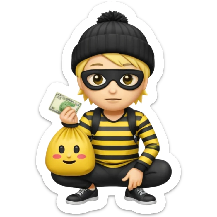An Apple style rubber emoji is wearing a black beanie and has yellow hair that is spiky but flat hanging out from under it and the robber is wearing a striped shirt and has yellow skin and black eye mask. He also has the money back over his shoulder and is sort of crouching. sticker