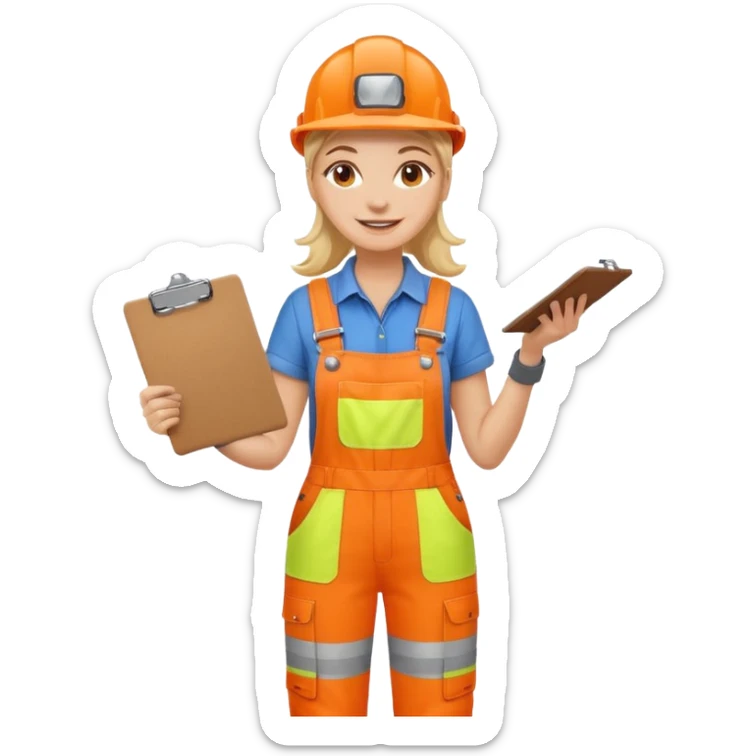 smiling woman in orange hi vis overalls and boots holding a clipboard sticker