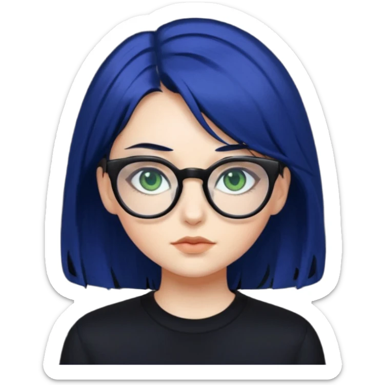 A girl with dark blue hair, glasses and green eyes, wearing black clothes  sticker