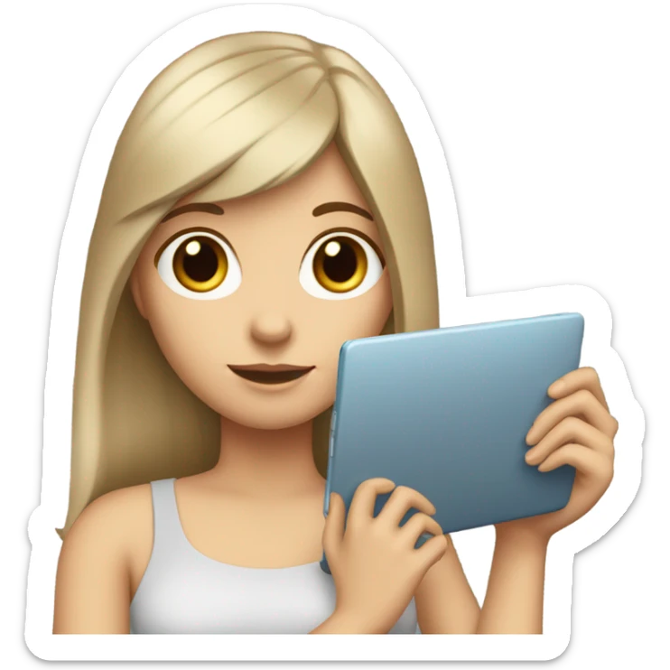 white girl with dark straight long hair and bangs holding a laptop in her hands sticker
