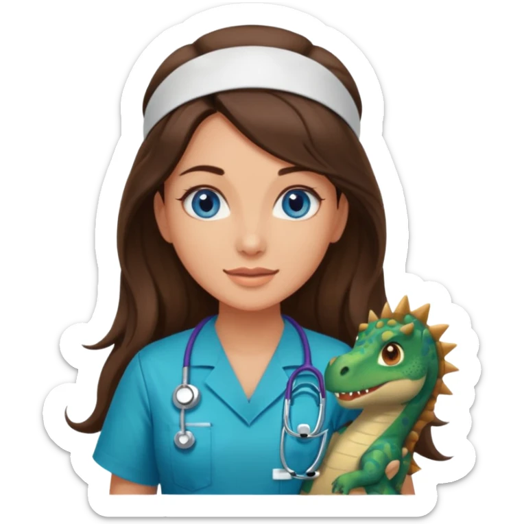 pretty brunette nurse with long hair and blue eyes in dinosaur scrubs sticker