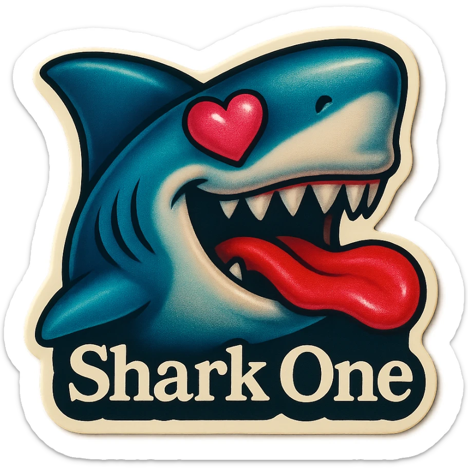 mouth open with tongue out
heart shaped eye
add the words “ Shark One " in White sticker
