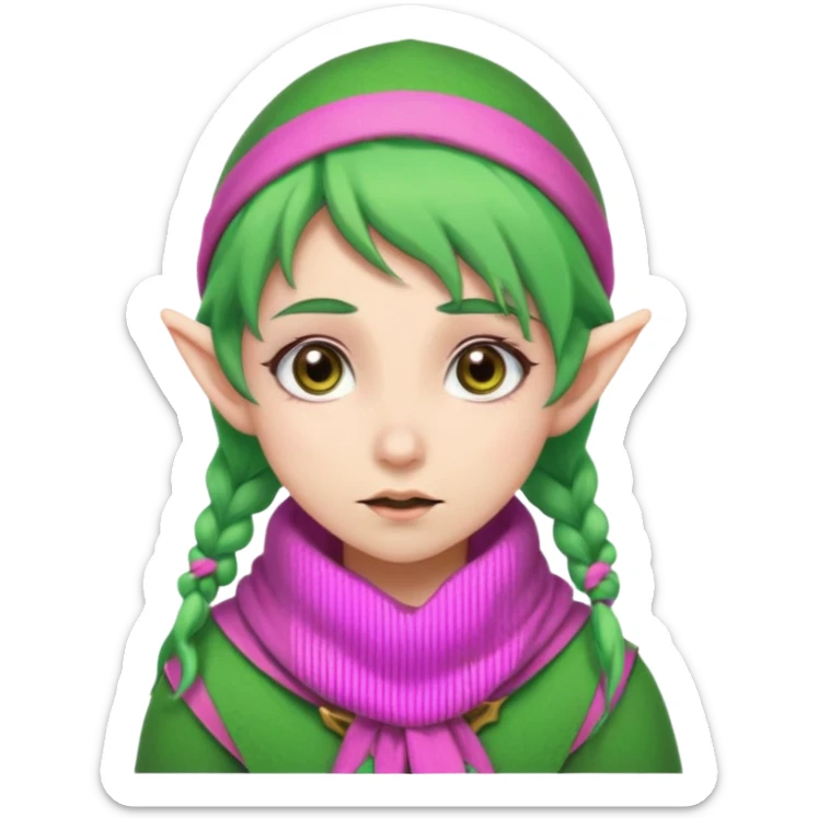 An elf girl with green hair, brown eyes, and a pink scarf who appears to be extremely stressed. sticker