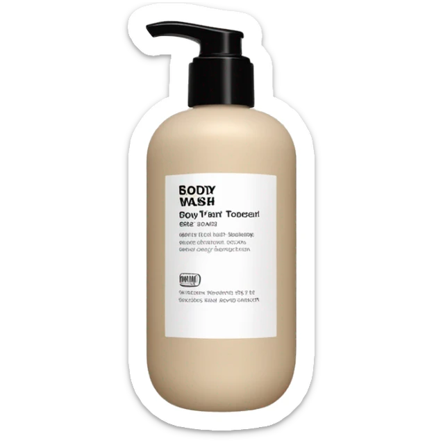 Beige bottle of body wash with a matte black pump top sticker