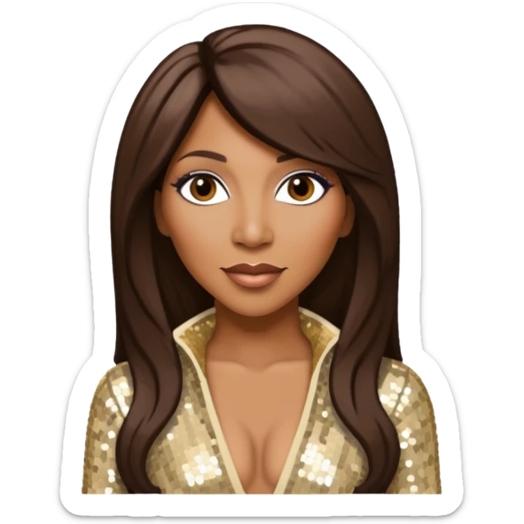 Towanda Braxton with long dark brown hair, cream sequin outfit sticker