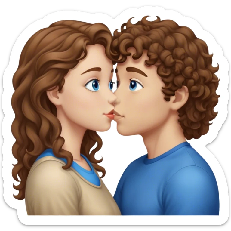 boy with light brown wavy hair and blue eyes giving a forehead kiss to a girl with brown curly hair and brown eyes  sticker