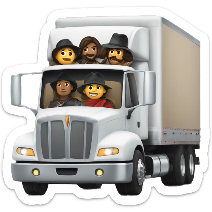 six musketeers driving a semi, no weapons, diverse, male & female, semi truck and trailer sticker