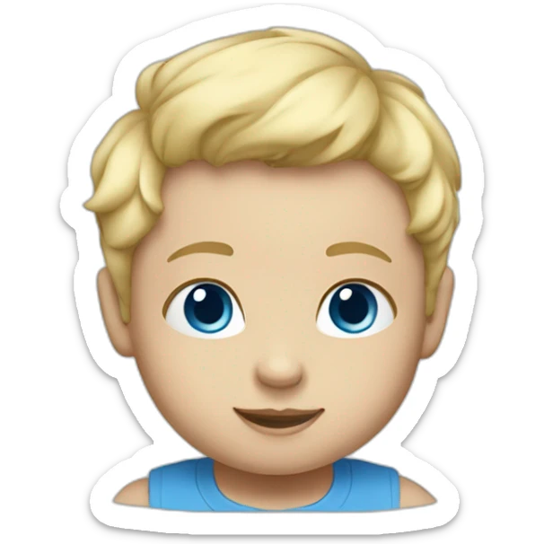 A baby with blond hair, blue eyes and a blue t-shirt sticker