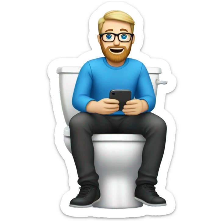White man with a beard, glasses and blue eyes sitting on the toilet holding a phone sticker