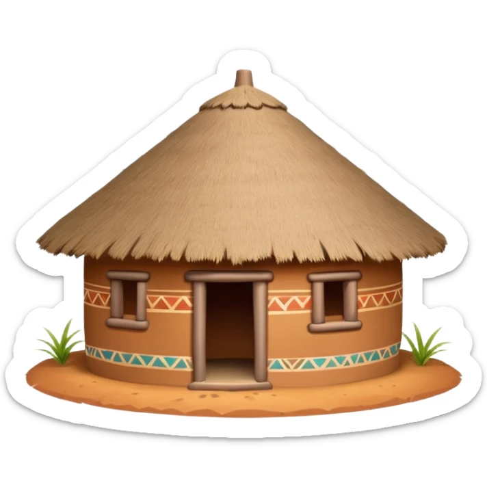 African mud hut tribal house, round adobe clay house, thatched roof, warm sunlight, colorful tribal patterns, cute mobile game icon, 3D cartoon, high detail, clean background sticker