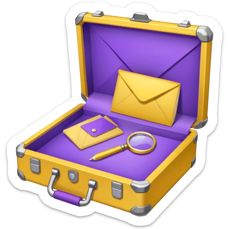 yellow (hex#FFD008) and purple (hex#8C52FF) emojis of a pin, a working case, a folder, a magnifier, an email, an envelope sticker