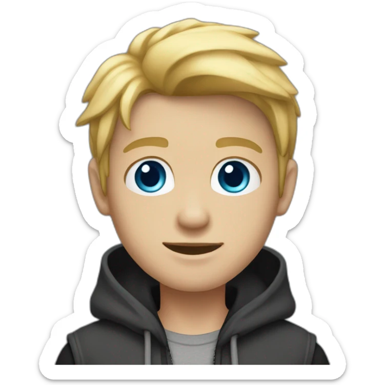 young blond man full bodywith gray-blue eyes dressed in a gray hoodie and black vest sticker