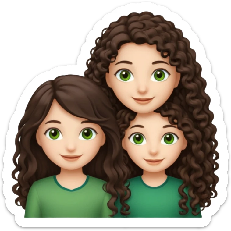 Two moppet girls, 1: long ironed straight darkbrown hair, green eyes, 2: long curly darkbrown hair, brown eyes sticker