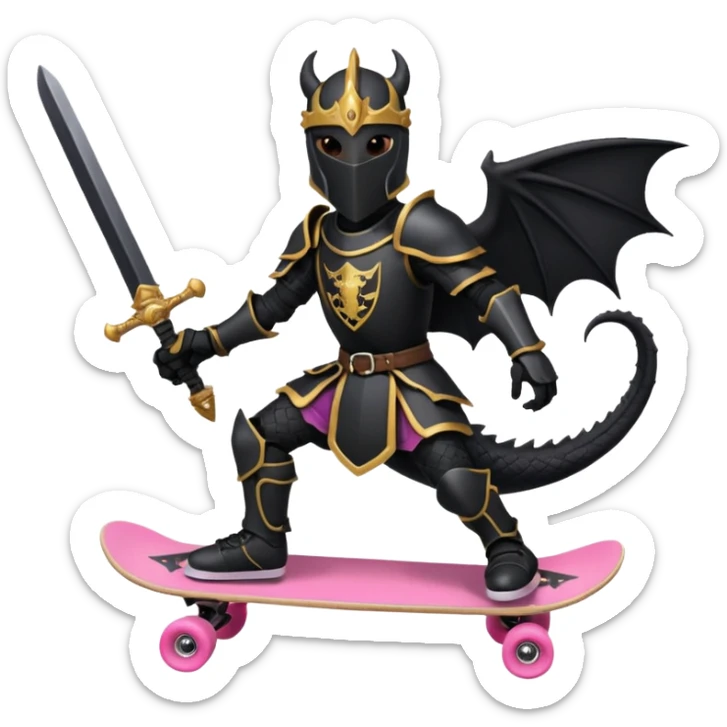 zwarte ridder met een zwarte zwaart en een zwarte schild met een zwarte draak op en hij skate met een roze skatebord sticker