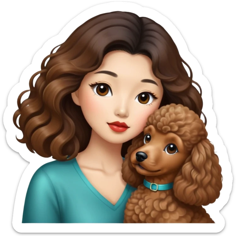 a asian lady with long balayage hair, long lashes, kissing a brown poodle sticker
