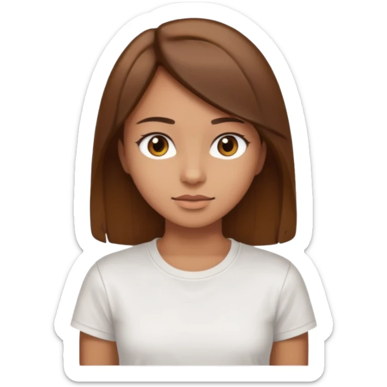 Chica de pelo liso y marrón con ojos color marrón claro y una camiseta blanca sticker
