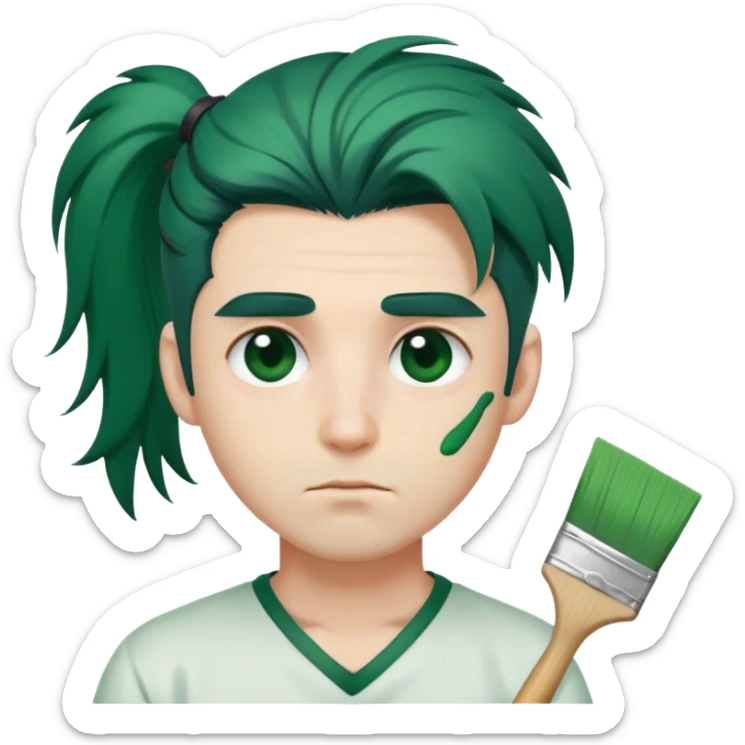 a male with sleepy eyes and dark green hair one side of his eyes is covered by his hair he has a pony tail whitish skin holding a paint brush that massive  sticker