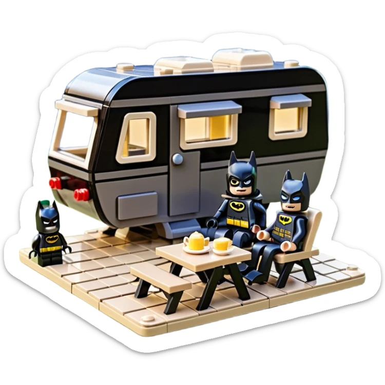  Ultra cute futuristic Lego detailed Batman and pretty Catwoman dream house Caravan with picnic table and folding chairs alone at romantic night  sticker