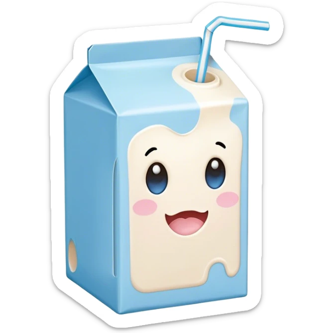 Cute Kawaii Milk Carton, small and boxy, bright pastel blue and white, blushing cheeks, a tiny straw poking out, soft glowing highlights, adorable farm-fresh cuteness! sticker