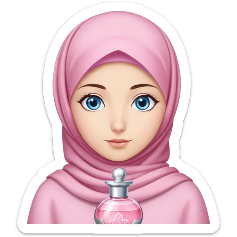 Turkish beautiful finish Konya girl blue eyes with light sakura and pink hijab islamic dress and She's wearing sakura perfume sticker