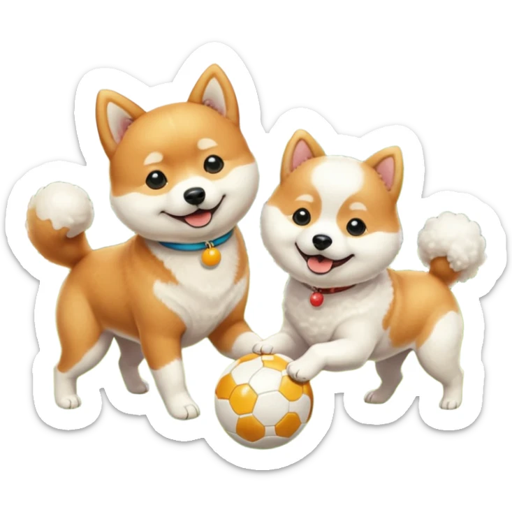 2 dogs, one ginger shiba inu et one white bichon, playing with a ball in a sunny garden sticker