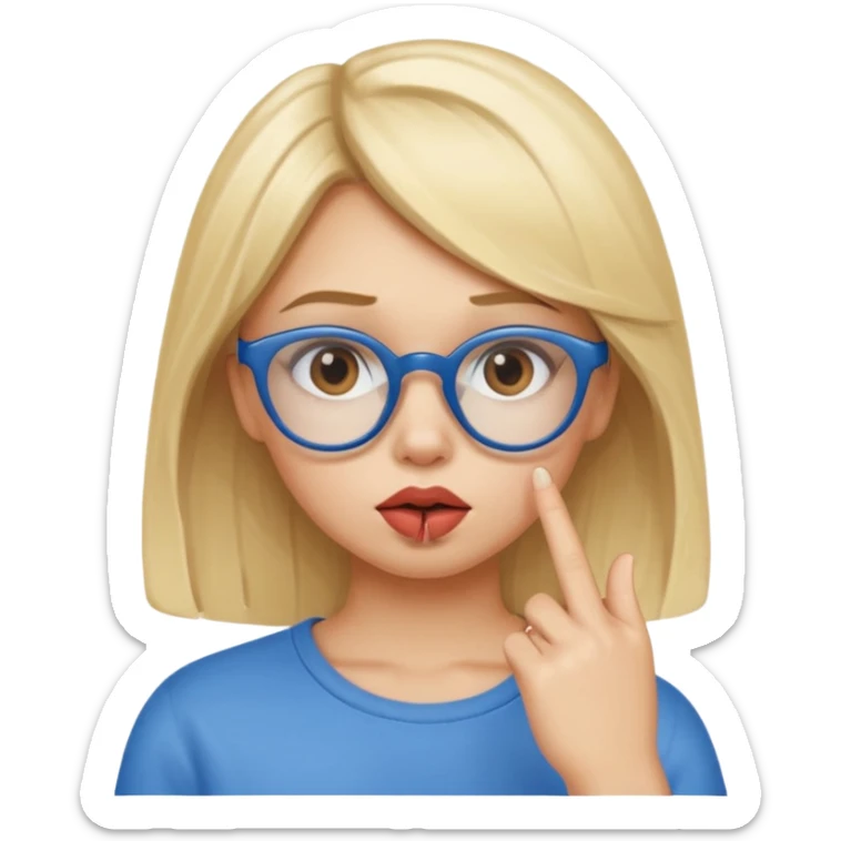 Blonde girl with brown eyes,  blue glasses saying shhhh with her finger to her pouty lips sticker