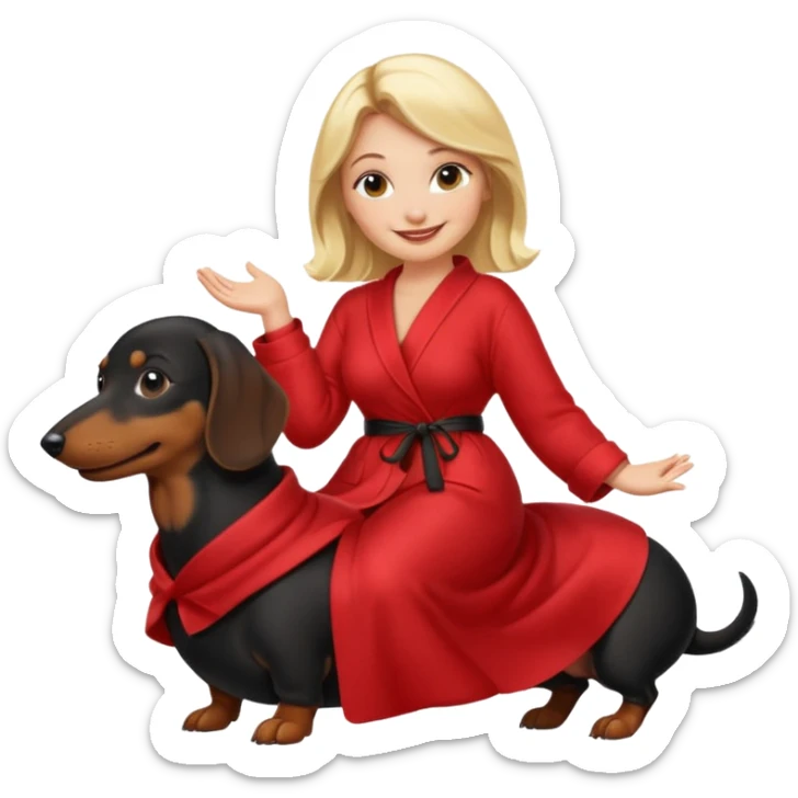 A blonde curvy woman riding on top of a black mini-dachshund wearing a red robe sticker