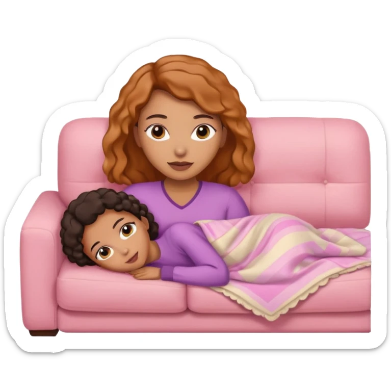 Mixed-race woman with caramel skin, lying on a beige sofa with a pastel pink blanket sticker