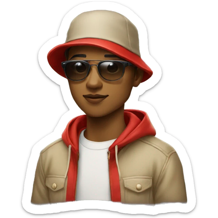 Young man wearing sunglasses, red bucket hat, beige hoodie, with messenger bag sticker