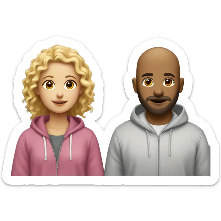 A couple of a girl with beown curly hair and a bald boy with a blond beard. Both wearing hoodies.  sticker