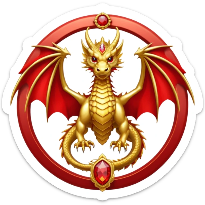 Golden dragon with wings crest / brosch in a circle with red gems and no background sticker
