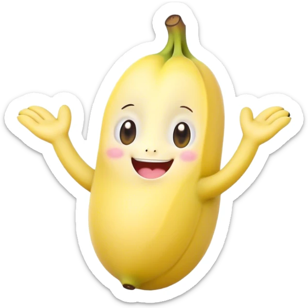 Cute Kawaii Banana, slightly curved, soft pastel yellow, cute giggling face with big round eyes, tiny arms waving happily, a peeled section revealing a smiling expression! sticker