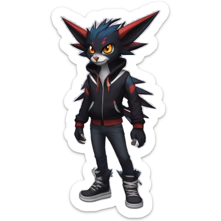 Cool Anthro Black Noivern-Absol-Litten-Pokémon with edgy stripes hoodie spiked collar punk Full Body sticker