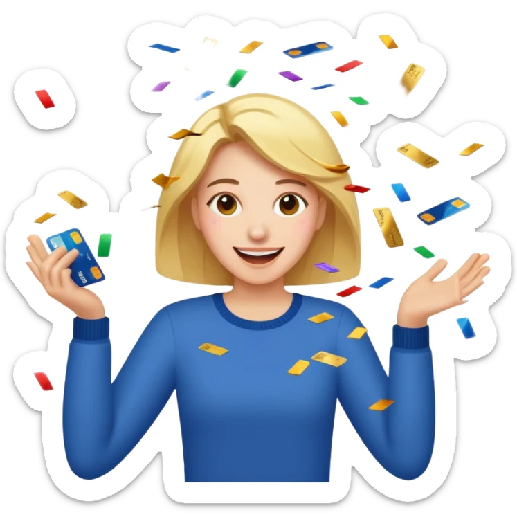 A joyful person cutting up credit cards as they turn into flying confetti emoji sticker