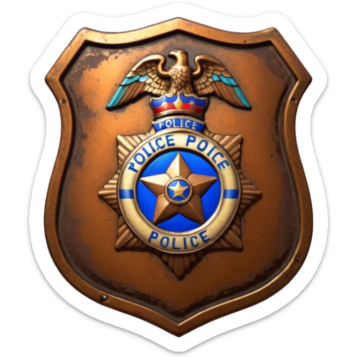 cinematic - aesthetic brilliant divine lighting, oil paint - antique police badge rusty and broken sticker
