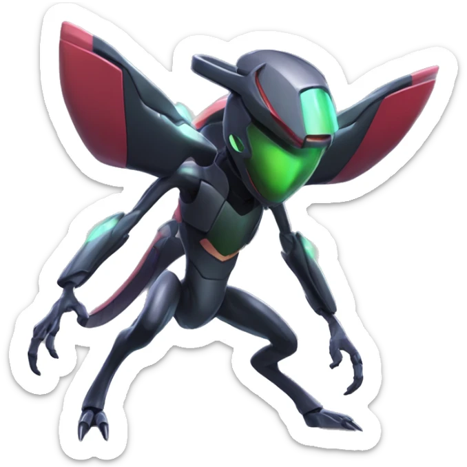 a shiny black Genesect-Flygon-Raptor-Fakémon-Medabot-hybrid with a futuristic visor-helmet full body sticker