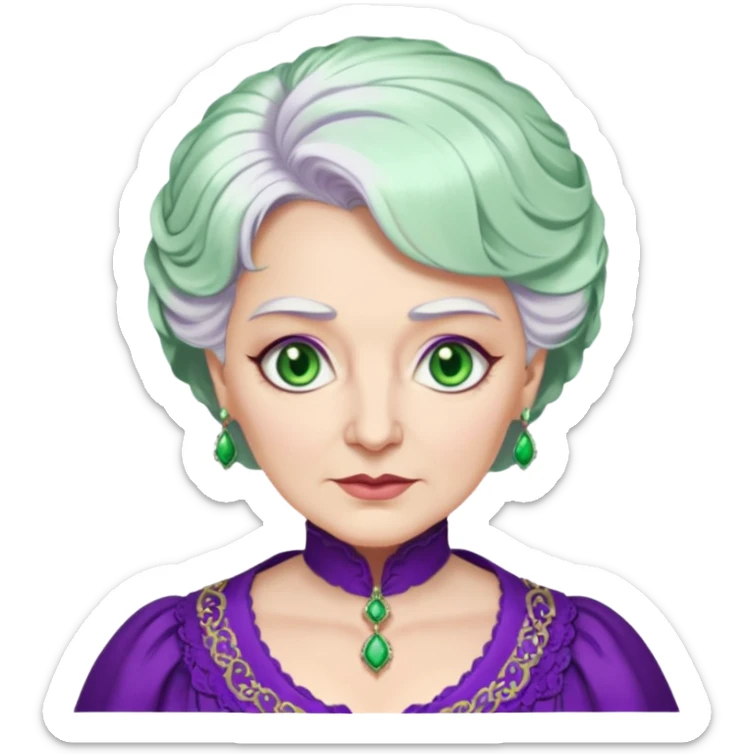 Madame Morrible from Wicked with green eyes, white hair, purple outfit sticker