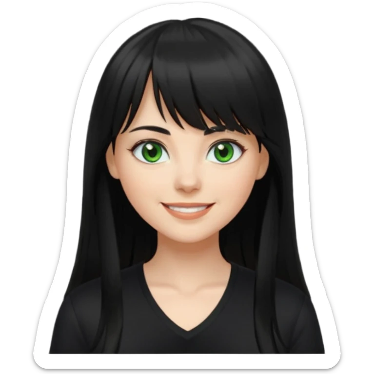 A white woman with Long straight hair with bangs, black hair, green eyes and a black low-cut shirt smiling sticker