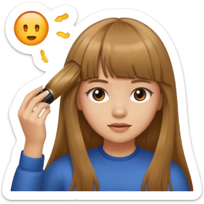 a girl with light skin and brown long hair with bangs who is doing her hair sticker