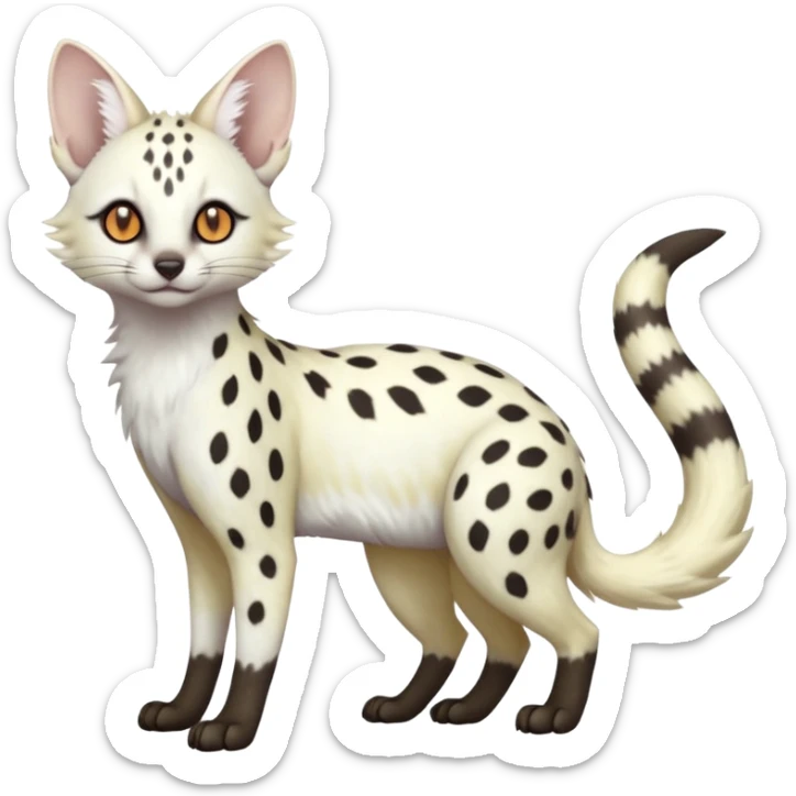 White Albino grey-spotted Serval-Civet-Genet-Trico-Furret-Linoone-Fakémon-Pokémon-animal-hybrid-fusion-creature (full body) with vibrant glowing eyes, cute, elegant, soft, realistic, pastel fur sticker