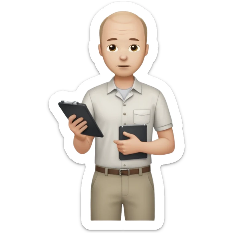 man mid 30's tired shirt and trousers balding hairline standing holding a clipboard sticker