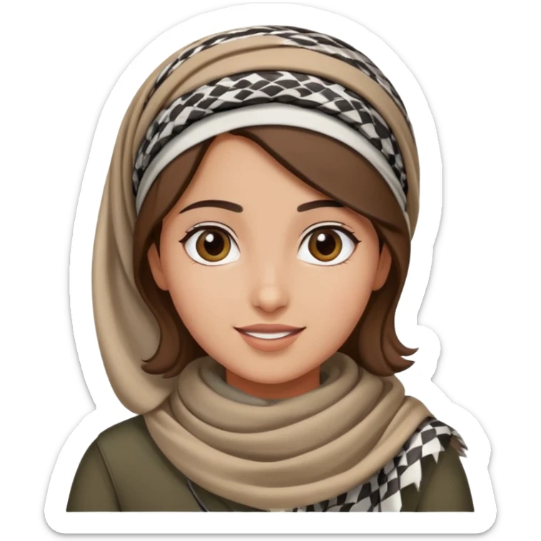 Palestinian girl waving wearing a keffiyeh headband with friendly face, plain background sticker