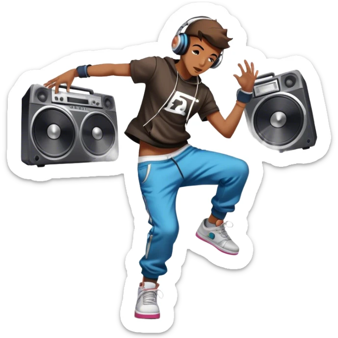 Icon for Street Dance: a dancer in urban streetwear performing a dynamic lower breakdance move, with a spray-painted background, headphones, and a boombox on the asphalt. The icon should capture the energy, style, and creativity of street dance culture. Transparent background. sticker
