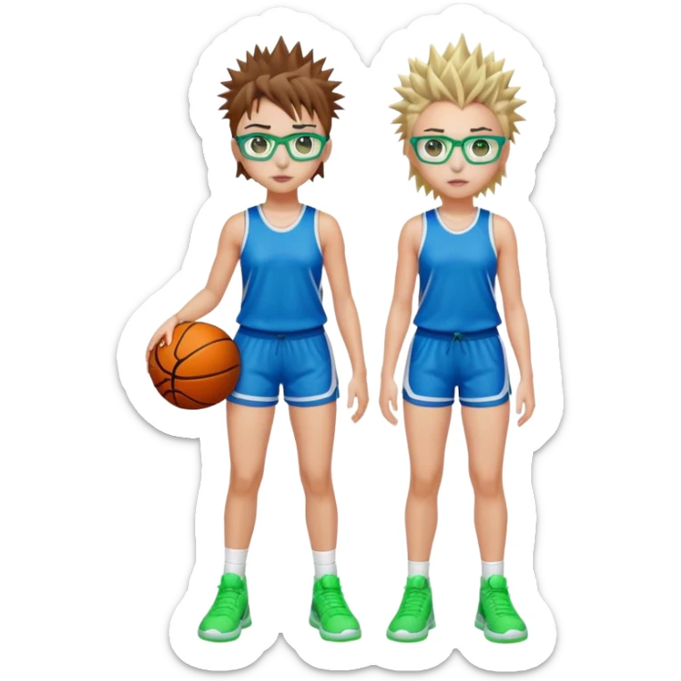 Full Body Girl with basketball short spikey brown hair with blond highlights wearing blue glasses with green eyes sticker