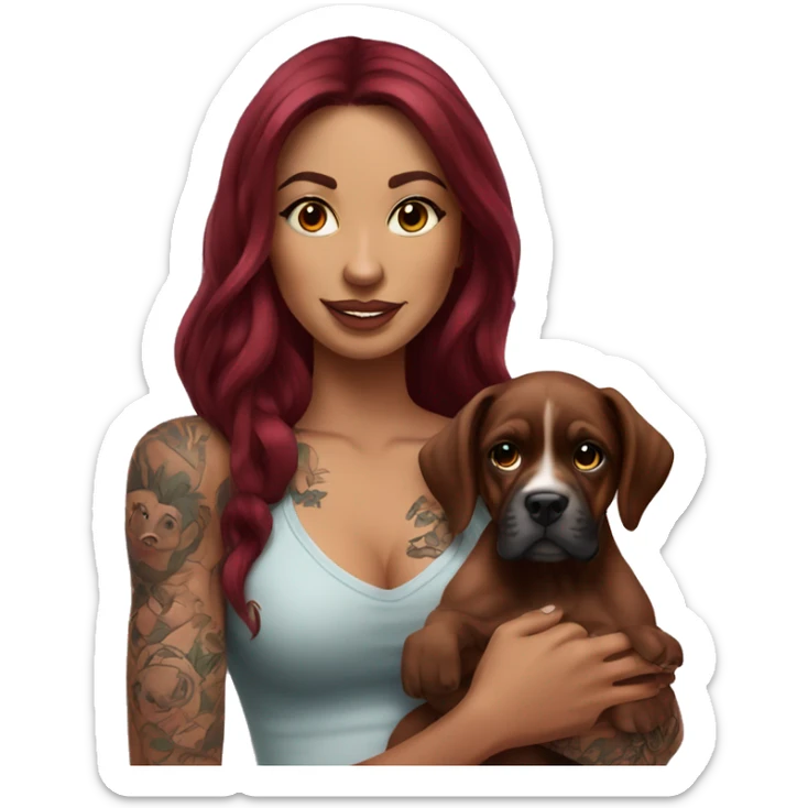 Beautiful tattooed  burgundy long haired woman holding a boxer puppy sticker