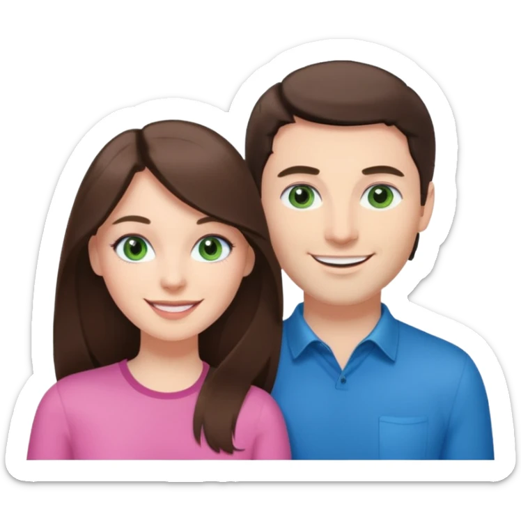 pink polaroid photo of a couple thats white with long brunette hair blue eyes and a white guy with short brunette hair and green eyes sticker