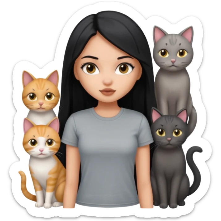 a pretty bratz dusky girl with long straight hair with four cats nd wearing a grey tshirt sticker